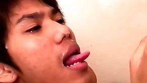 Cocksucking asian twinks take a crack at bareback duo before pissing